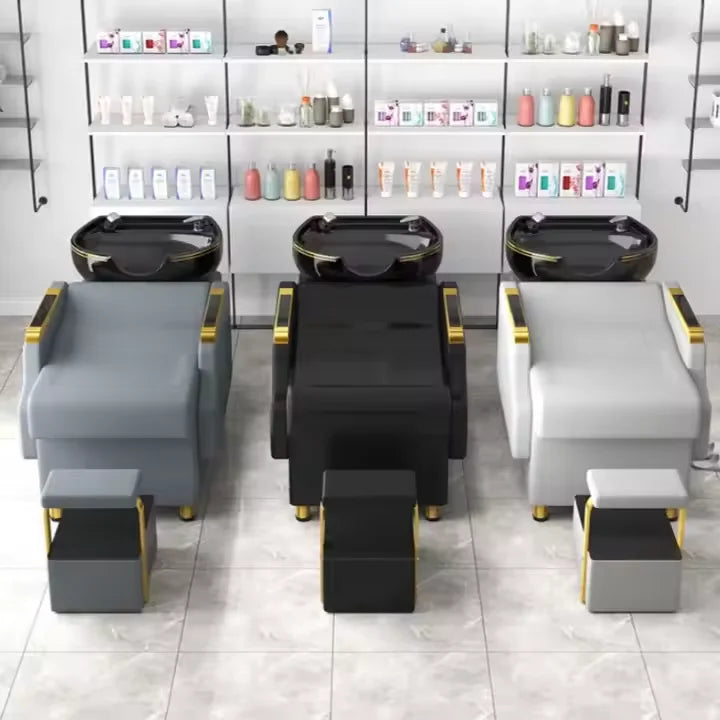 Modern Black Hair Washing Shampoo Chair with Massage Bed and Bowl for Salon Barber Use