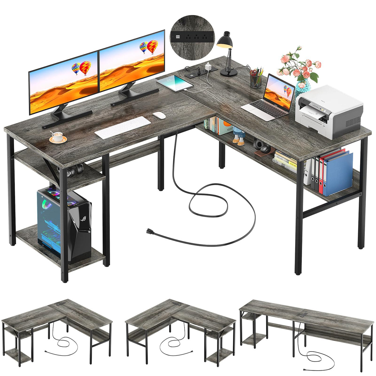 Unikito Reversible L Shaped Desk with Magic Power Outlets and USB Charging Ports Sturdy Corner Computer Desk with Storage Shelves Gaming Desk for Home Office Easy to Assemble Black Oak