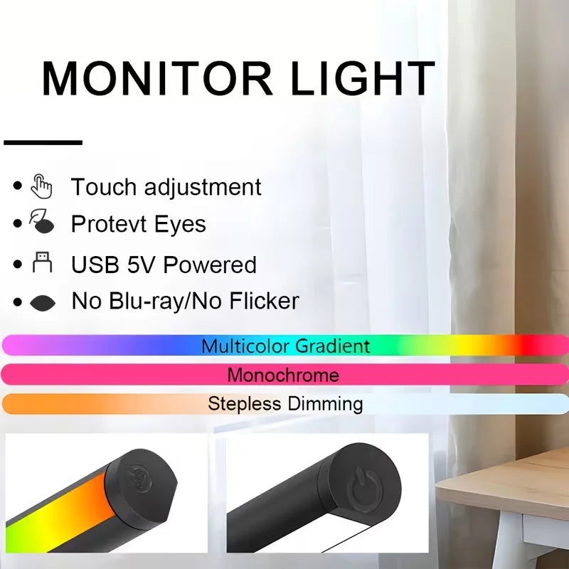 USB Powered LED Monitor Light Bar, RGB Color Changing Hanging Screen Lamp, Stepless Dimmable Atmosphere Light for PC Gaming Room
