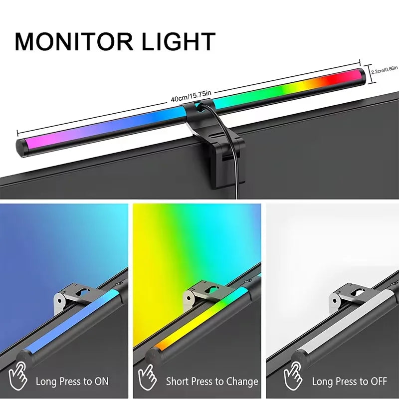 USB Powered LED Monitor Light Bar, RGB Color Changing Hanging Screen Lamp, Stepless Dimmable Atmosphere Light for PC Gaming Room