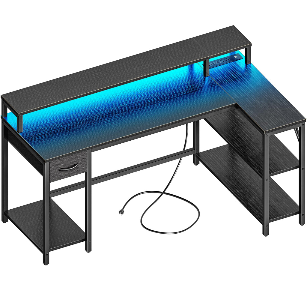 SUPERJARE 53 inch Reversible L Shaped Desk with LED Lights & Power Outlets Computer Desk with Shelves & Monitor Stand Gaming Desk with Drawer Home Office Desk Corner Desk Black